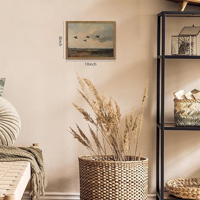 Framed Flying Ducks Canvas Wall Art, Rustic Countryside Landscape Painting, Vintage Birds Poster Print, Modern Farmhouse Ducks Wall Decor for Living Room Bedroom – 8x10 inch