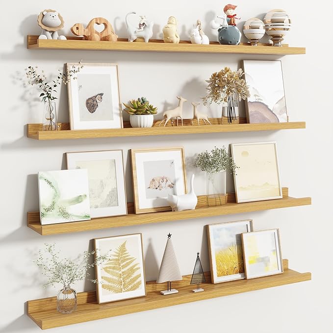 Fun Memories Picture Ledge Shelf, Floating Shelves Set of 4, 40 Inch Picture Shelves for Wall with Ledge, Large Nursery Book Shelf for Toys Storage, Living Room, Bedroom Decor Frames, Oak