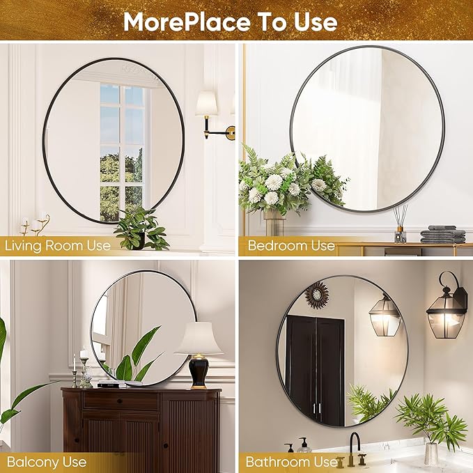 Antok 36 Inch Round Mirror for Wall, Round Bathroom Mirror, Circle Wall Mirrors with Black Metal Frame, Circle Mirrors Suitable for Wall, Bathroom, Vanity, Living Room, Entryway