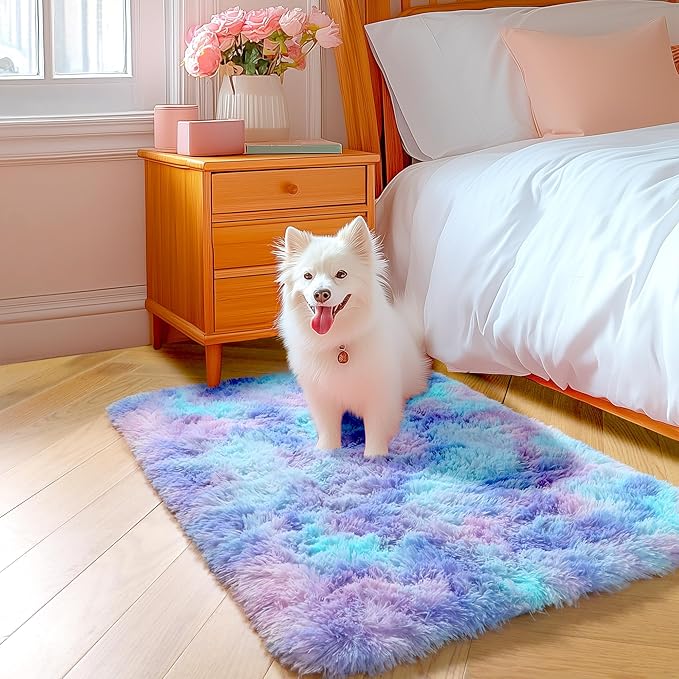 Amdrebio Purple Rainbow 2x3 Small Area Rugs for Bedroom Girls Room Decor, Colorful Mermaid Stitch Frozen Kids Rugs for Playroom Nursery Dorm, Fluffy Furry Cute Shag Kawaii Carpet for Baby Toddler
