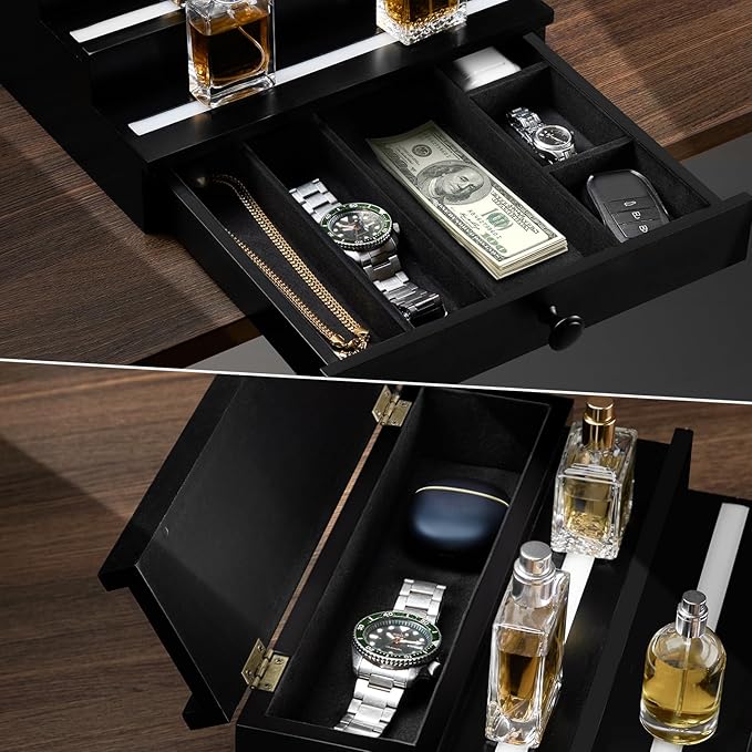 LED-Lighted Cologne Organizer for Men: Multi Lighting Modes Perfume Organizer with APP & Remote Control,4 Tier Wood Perfume Stand with Drawer and Hidden Compartment,Display Riser Shelf-Gift for Men