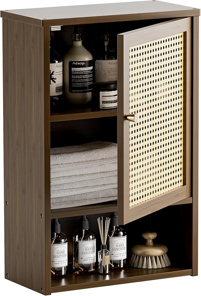 HITNET Bathroom Cabinet Wall Mounted, Medicine Cabinet with Single Rattan Door, Bamboo Hanging Storage Organizer Over Toilet, Space Saving, Walnut