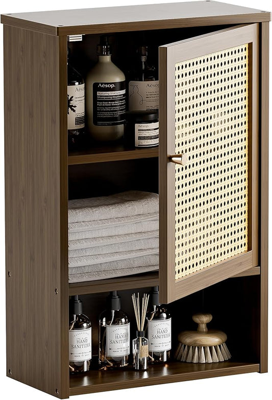 HITNET Bathroom Cabinet Wall Mounted, Medicine Cabinet with Single Rattan Door, Bamboo Hanging Storage Organizer Over Toilet, Space Saving, Walnut
