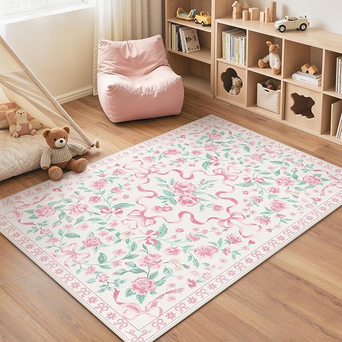 GENIMO 4X6 Washable Vintage Area Rugs for Living Room, Non-Slip Low Pile Chenille Print Rug, Soft Rugs for Bedroom Dining Room Home Office, Pastel Pink