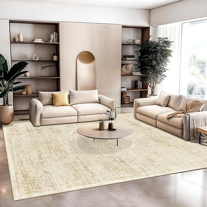 Soalmost Washable Area Rug 9x12, Large Soft Rugs for Living Room Vintage Beige Rug 9x12 Area Rugs for Bedroom Dining Room Floral Non-Slip Thin Rug