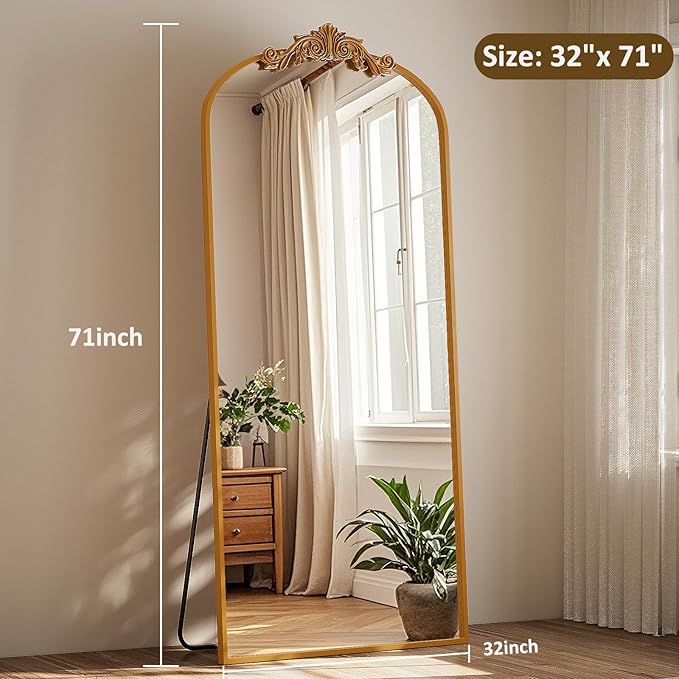 GLSLAND 71"x 32" Gold Vintage Arched Full Length Mirror - Large Carved Standing Floor Mirror with Metal Frame for Bedroom/Living Room/Entryway
