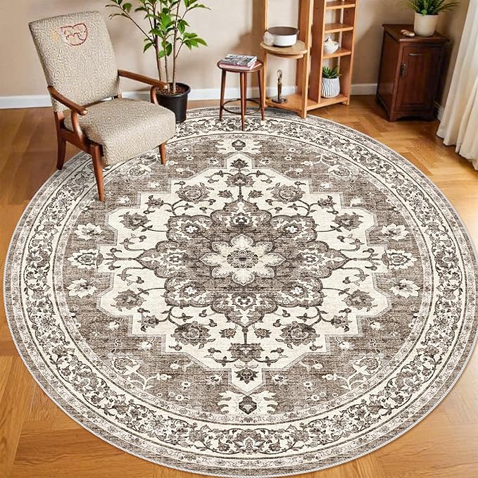 TOPRUUG Washable Oriental Area Rug - 8ft Round Rugs for Living Room Soft Carpet for Bedroom Waterproof Floral Distressed Indoor Stain Resistant Non-Shedding Floor Carpets (Beige, 8ft-Round)