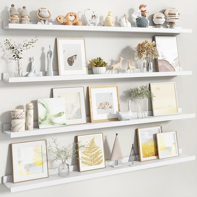 Fun Memories Picture Ledge Shelf, White Floating Shelves Set of 4, 48 Inch Picture Shelves for Wall with Ledge, Large Nursery Book Shelf for Toys Storage, Living Room, Bedroom Decor Frames