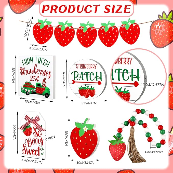 Yalikop 10 Pcs Summer Tiered Tray Decor Sets Strawberry Kitchen Decor Farmhouse Wood Tiered Tray Decorations Standing Sign Bead Garland Banner for Home Able Shelf Mantel Party