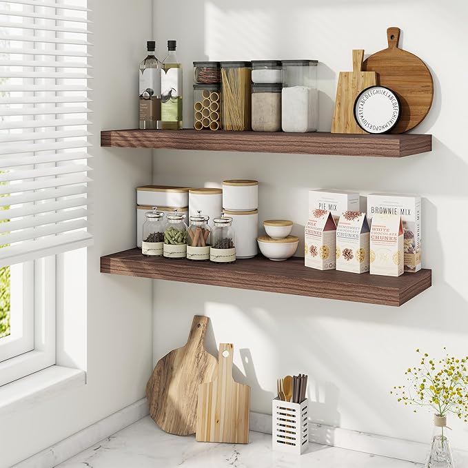 Fun Memories 9.3Inch Deep Floating Shelves for Wall, 32 Inch Rustic Wood Wall Mounted Shelves for Bathroom, Bedroom, Kitchen, Deep Floating Shelf for Storage & Home Decor (Walnut, Set of 2)