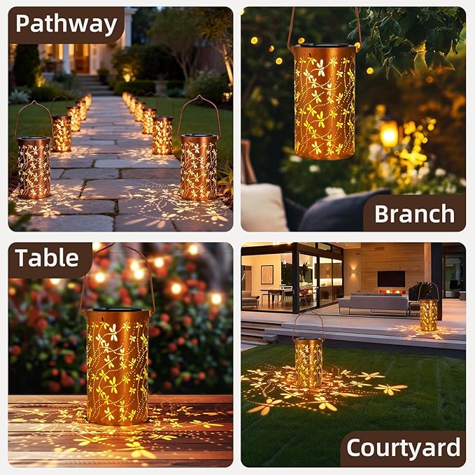 DIBIEECN Mothers Day Gifts for Mom, Birthday Gifts Grandma Ladies Solar Lanterns Outdoor Hanging Hollowed-Out Metal Waterproof LED Garden Decor Outside for Patio Yard Porch, Dragonfly, 4 Pack