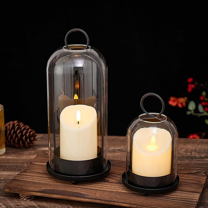 Hurricane Metal & Glass Candle Holder Black Set of 2, Decorative Candlestick Pillar Candle Holder with Clear Glass for Wedding Party Christmas Holiday Dining Table Centerpiece Lanter