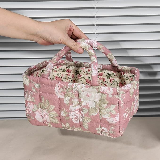 Small Storage Basket Organizer, Mini Quilted Fabric Basket with Handle, Collapsible Storage Bin for Socks, Keys, Diapers