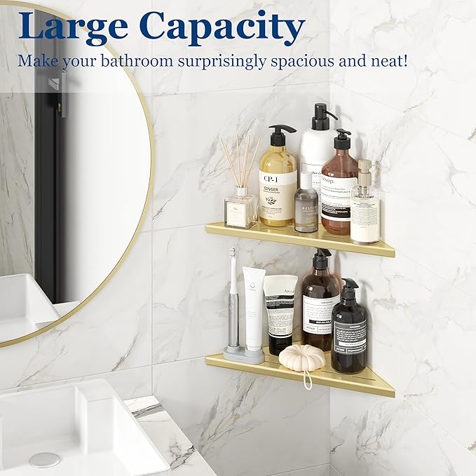 Qeke Corner Shower Shelves, 10” Recessed Tile Shower Shelf, 304 Stainless Steel Grout in Corner Tile Shower Shelves, No Drilling, Brushed Golden, 2 Pack