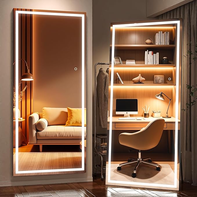 79" x 36" Full Length Mirror with Lights, Large LED Lighted Floor Standing Body Mirror, Dimmable & 3 Color Lighting for Bedroom, Cloakroom, Dressing Room, Tempered Glass, Black Frame