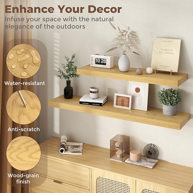Fun Memories 12 Inch Deep Floating Shelves, 48 x 12 Floating Shelves for Wall Set of 2, Extra Deeper Hanging Wood Wall Shelves for Bedroom, Living Room, Kitchen, Oak