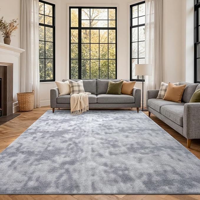 FinRèc 6x9 Washable Area Rugs for Bedroom Living Room, Low Pile Thin Ultra Soft Shag Rug, Non-Slip Carpet Indoor for Home Decor (Tie-dye Grey)