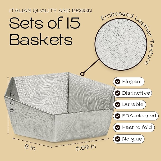 Pack of 15 Sturdy Empty Gift Baskets Made in Italy - Ideal for Baby Shower, Wedding and for Any Occasion - 8" x 6.69" x 2.75" Silver