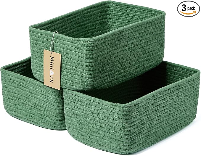 MiniArk Small Storage Baskets for Organizing | Closet Organizer Bins | Shelf Toy Basket | Woven Rope Baskets | Cube Decorative Box | Shallow Basket | 11.5x7.5x4.7” | 3 Packs Green