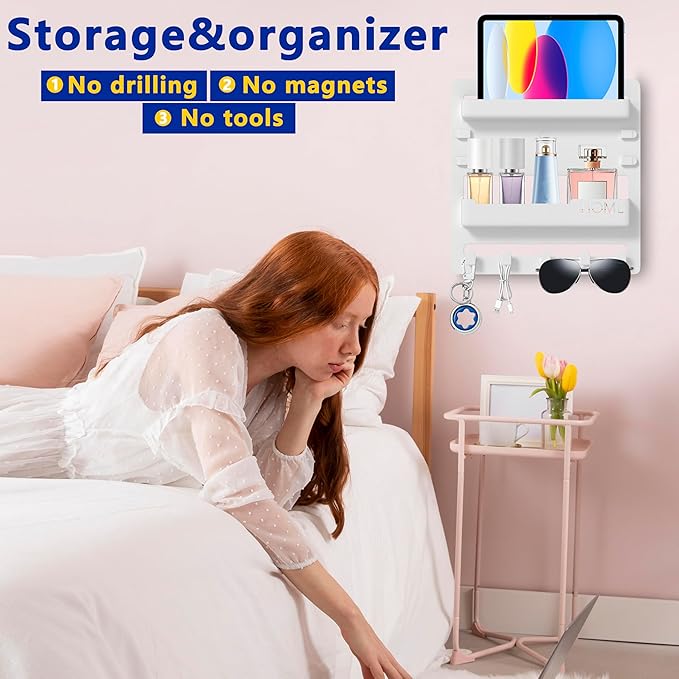 Bedside Wall Mount Organizer,Bedside Wall Shelf Accessories Floating Shelves Stick On for Bedroom Storage Organization,Aesthetic Room Dorm Decor for Girls,Cute Stuff for Teens,5 Hooks-White