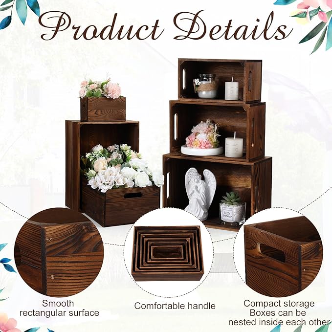AceOrbit Set of 6 Wood Crates with Handles, Rustic Decorative Storage Boxes Distressed Wooden Nesting Display Baskets for Farmhouse, Wedding, Party Storage Display Supplies(Classic Brown)
