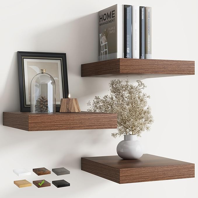 12 Inch Floating Shelves for Wall with Invisible Brackets Set of 3, 12"D Engineered Wood Wall Shelves with Wood Grain for Living Room, Bedroom, Bathroom, Kitchen Decor and Storage, Walnut Finish