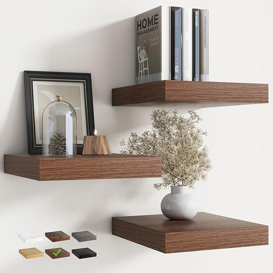 12 Inch Floating Shelves for Wall with Invisible Brackets Set of 3, 12"D Engineered Wood Wall Shelves with Wood Grain for Living Room, Bedroom, Bathroom, Kitchen Decor and Storage, Walnut Finish