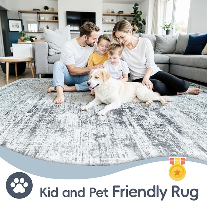 8x10 Area Rugs Washable Rug:Anti-Skid Abstract Modern Living Room Rug Soft Thin Carpets Indoor Floor Non-Shedding Carpet for Bedroom Dining Farmhouse Nursery Home Office(Black/Grey/White, 8x10)