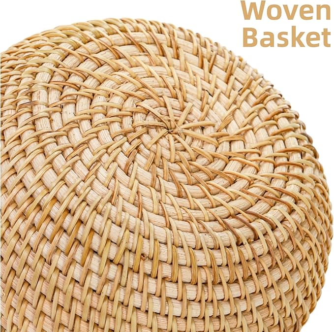 WRINGKIT Small Rattan Basket Box with Lid, Round Handmade Woven Storage Basket, Multi-purpose Wicker Bowl Decorative Organizer for Shelf, Home, Bathroom Decor