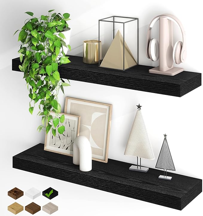 Fun Memories Floating Shelves for Wall, 32Inch Floating Shelves Set of 2, Hanging Shelf with Invisible Brackets, Wood Shelves for Living Room, Bedroom, Kitchen, Black