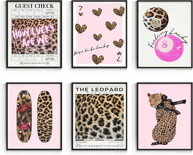 Habseligkeit Pink Leopard Print Wall Art, Preppy Wall Decors for Room Aesthtic, Fashion Posters for Girls Bedroom Decor Aesthetic Unframed, 8X10in, Set of 6