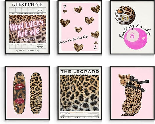 Habseligkeit Pink Leopard Print Wall Art, Preppy Wall Decors for Room Aesthtic, Fashion Posters for Girls Bedroom Decor Aesthetic Unframed, 8X10in, Set of 6