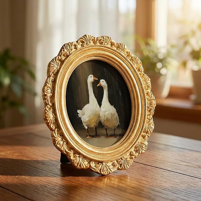 Small Vintage Couple Goose Duck Round Picture Frame Wall Decor, Farmhouse Gold Mini Ornate Photo Frame for TableTop Desk 2.7in Photo, Rustic Framed Artwork for Walls Office Bedroom Shelf