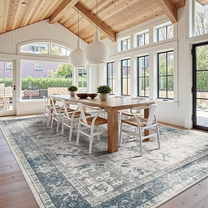 Rugxara 10x14 Extra Large Washable Area Rug, Soft Neutral Vintage Boho Rug for Living Room, Bedroom, Office, Farmhouse, Low Pile Imitation Wool Non Slip Carpet Ideal for High-Traffic Areas, Blue Grey