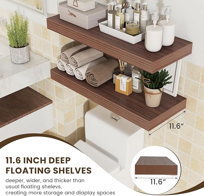 FLYJOE 30 Inch Floating Shelves | 12 Inch Deep Walnut Floating Shelves Set of 2 | 30" W x 12" D Rustic Wood Shelves for Wall | Deep Walnut Shelves for Living Room Bathroom Laundry Room Kitchen