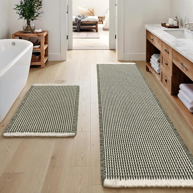 MIULEE Set of 2 Waffle Bathroom Rugs, Boho Bath Rugs Non Slip Washable, Super Absorbent Bath Mats, Ultra Soft Rubber Backed Shower Mats for Bathroom Floor, Tub, Green & Cream, 17"x24"+20"x47"