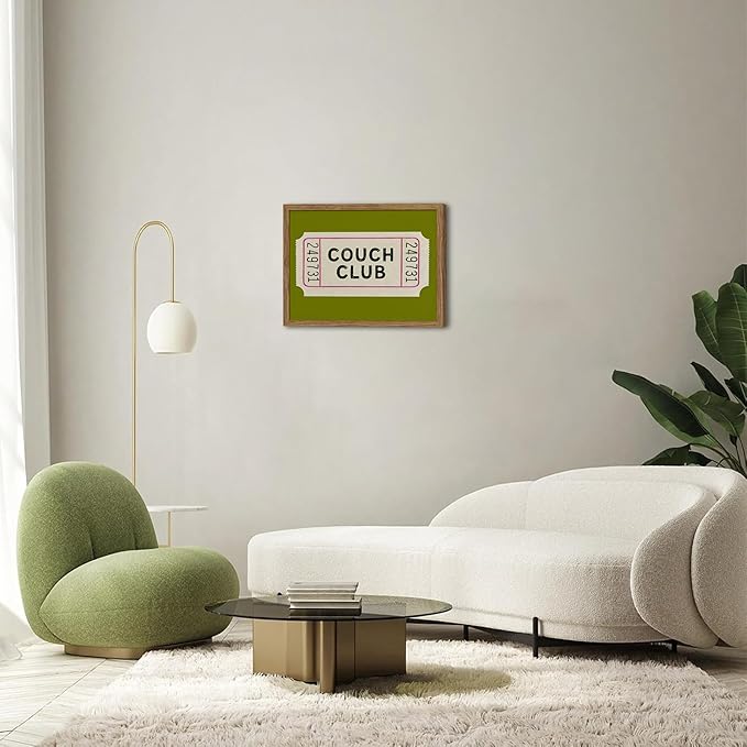Vintage Framed Wall Art, Couch Club Ticket Canvas Wall Decor Painting, Retro Green Minimalist Quote Poster Print Picture for Living Room Bathroom Home Decor 12x16 Inch