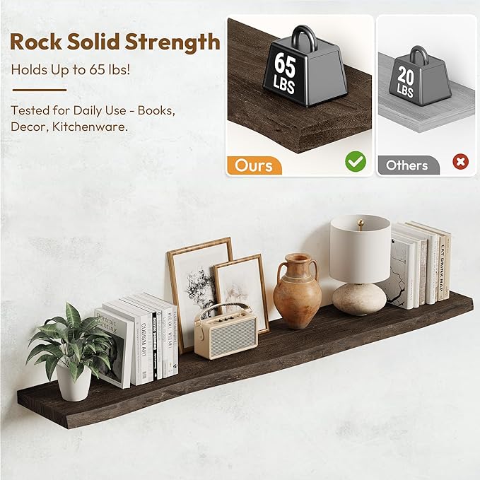 Vivelove Live Edge Floating Shelves 55 Inch Elm Wood, Rustic Farmhouse Wall Shelf with Invisible Bracket for Living Room Bedroom Bathroom Office Book, 55x8x1.4- Set of 1 - Dark Walnut