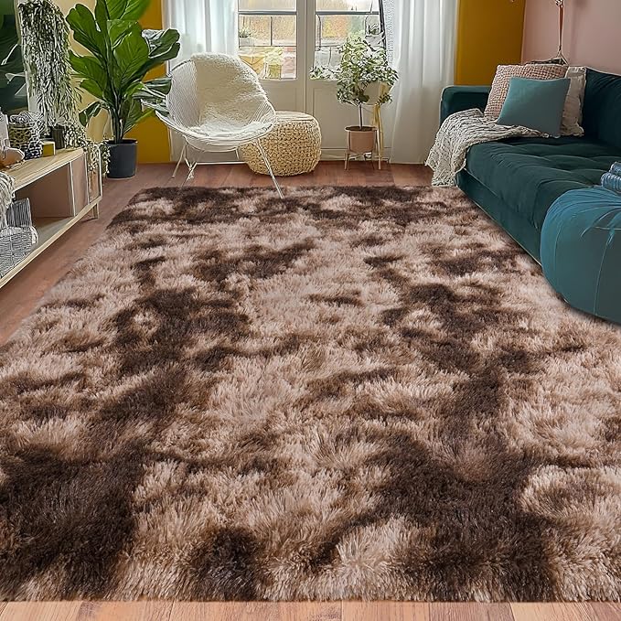 5x7 Fluffy Fuzzy Area Rug for Living Room Bedroom, Ultra Soft Rugs for Living Room, Modern Shaggy Carpets Rug for Boys Girls Dorm Nursery Home Decor Aesthetic, Upgrade Non-Slip Durable, Tie Dyed Brown