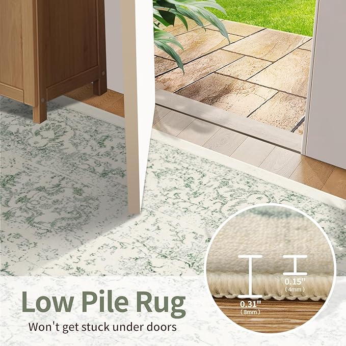 Rugxara 6x9 Washable Area Rug for Living Room, Vintage Large Boho Rugs for Office, Dining Room, Kids Room, Farmhouse, Durable Low Pile Non Slip Carpet for High Traffic Areas, Light Green