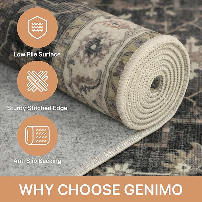GENIMO 2x10 Runner Rugs for Hallway, Machine Washable Non Slip Vintage Rugs, Low Pile Lightweight Soft Print Rug for enrtyway, Corridor, Home, Office, Kitchen, Muted Charcoal Beige