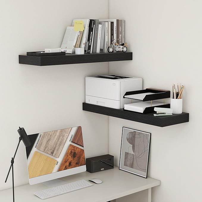 FLYJOE Deep Floating Shelves | 36 Inch Black Floating Shelves Set of 2 | 12 Inch Deep Rustic Wood Shelves for Wall | 36" W x 12" D Black Shelves for Living Room Bathroom Laundry Room Kitchen