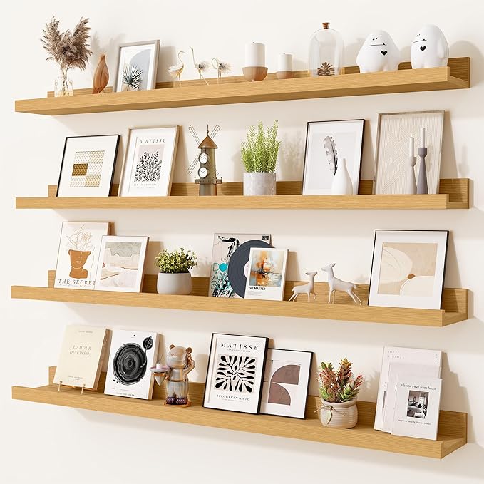 Heimlove Picture Ledge Shelf,36 inch Long Floating Shelves for Wall Set of 4,Picture Shelf with Lip for Wall Decor,Living Room,Bedroom,Bookshelf,Nursery,Perfume,Oak Color