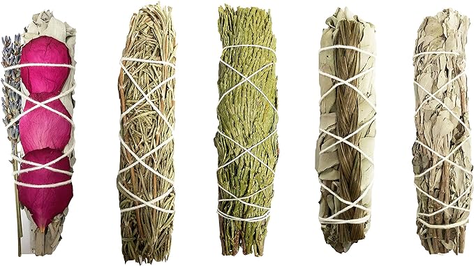 Smudge Sticks Sampler - 1 White Sage with Rose and Lavender, 1 Rosemary, 1 Cedar, 1 Sweetgrass White Sage and 1 Black Sage
