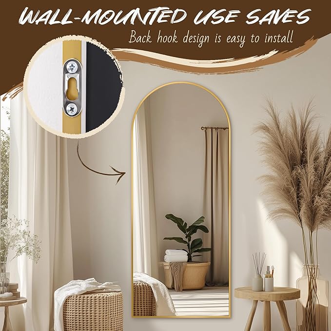 Antok Arched Full Length Mirror, 56"x15" Gold Metal Frame Floor Mirror for Bedroom Living Room, Freestanding/Wall Mount/Leaning