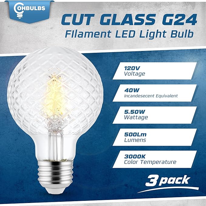 Decorative Light Bulb (3-Pack) 5.5 Watt G25 LED Filament Bulb E26 Medium Base (40W Equivalent) 3000K Warm White, 500 Lumens, Dimmable, Cut Glass Clear Decorative Light Bulbs