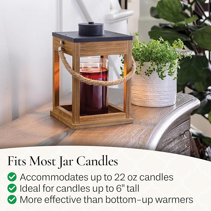 Candle Warmers Etc. Wood & Rope Lantern – for Top-Down Warming & Flame-Free Fragrance