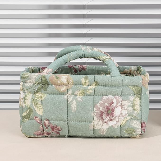 Mini Storage Basket, Small Quilted Boho Fabric Organizer Bin with Handle, Portable Collapsible Basket for Socks, Keys, Diaper