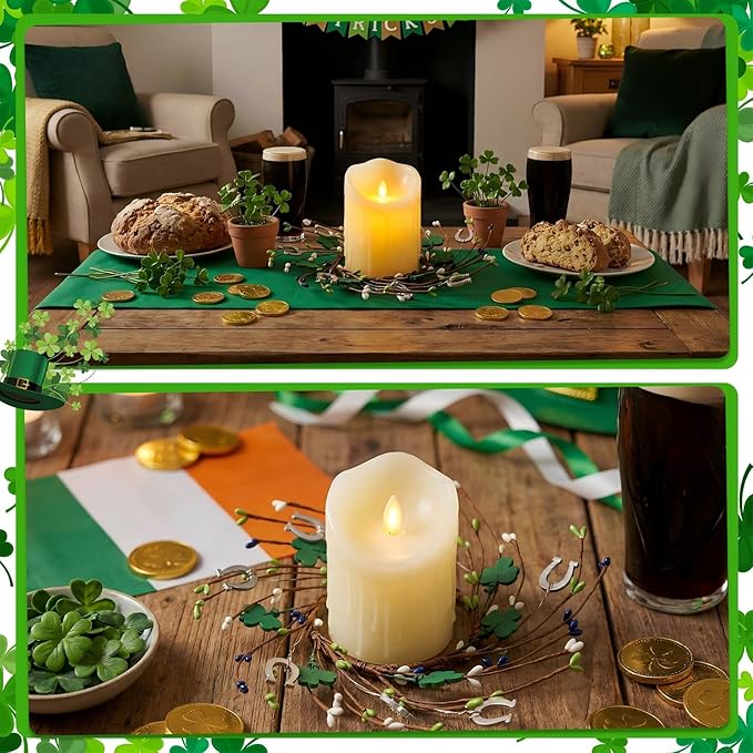Daifunli 2 Pcs St. Patrick's Day Candle Ring Shamrocks Rings Wreaths Vintage Clover Berries Wreaths for Pillar 3.9 Inch Candles Holder for St. Patrick's Day Irish Rustic Table Centerpiece Decor