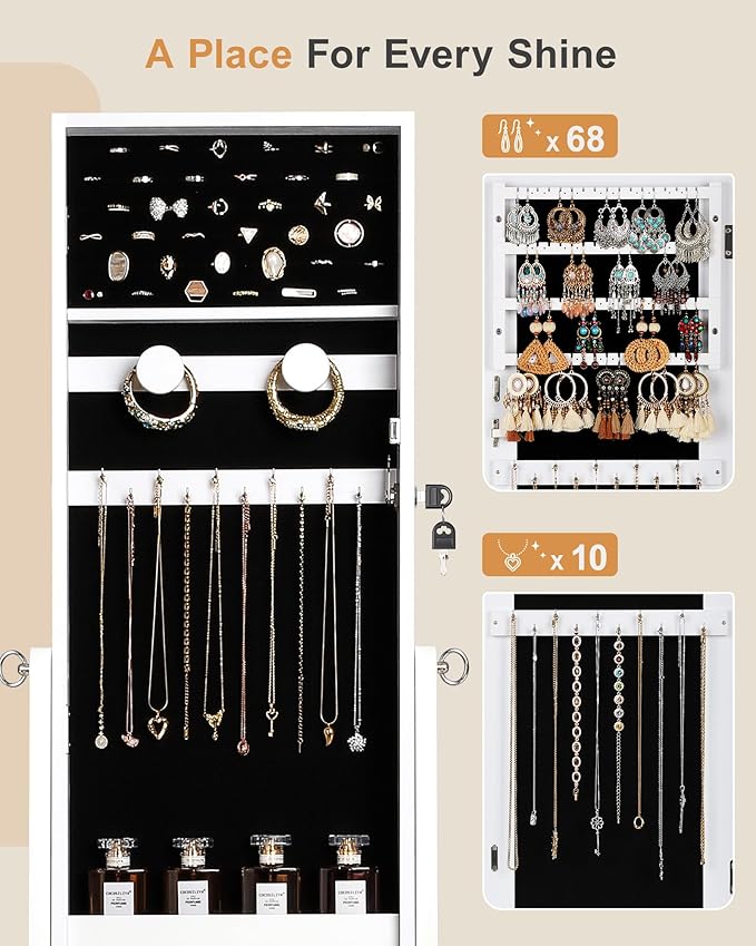 Nicetree Jewelry Cabinet Armoire, Freestanding Jewelry Armoire Organizer with Full-Length Mirror, Lockable Jewelry Storage Cabinet, Frameless Mirror, 3 Adjustable Angles, Moon White